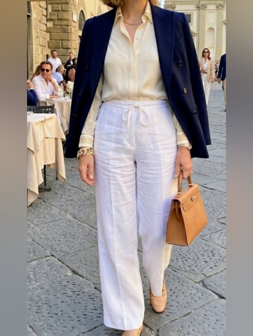 Fortela Italian Luxury Linen Off-White Wide Leg Drawstring Elastic Waist Pants